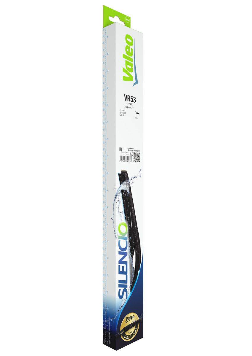 Paket des Valeo VR53 Silencio Scheibenwischerblatts mit einem Spritzdesign auf der Vorderseite.