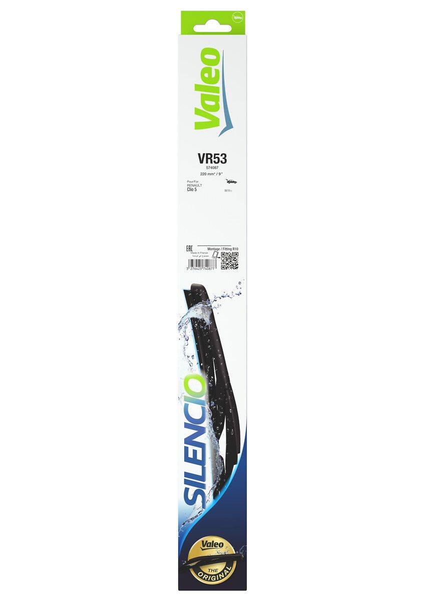 Verpackung von 'Valeo Silencio' Wischerblättern, Modell VR53. Zeigt Produktbranding, Modelldetails und Grafik auf der Vorderseite.