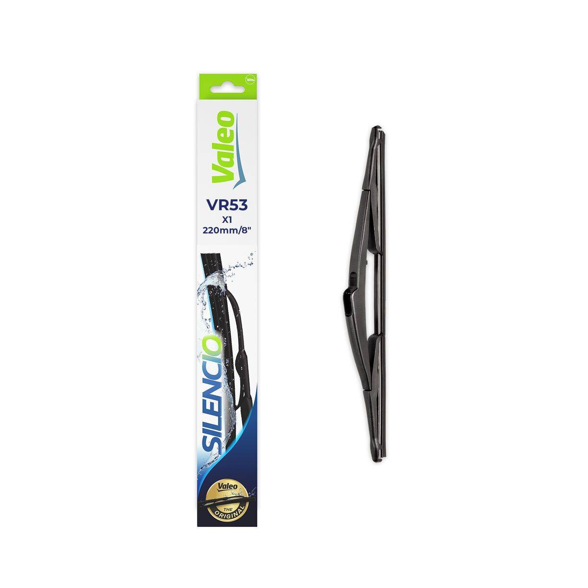 Verpackung und Seitenansicht eines Valeo VR53 Scheibenwischers, 220mm/8
