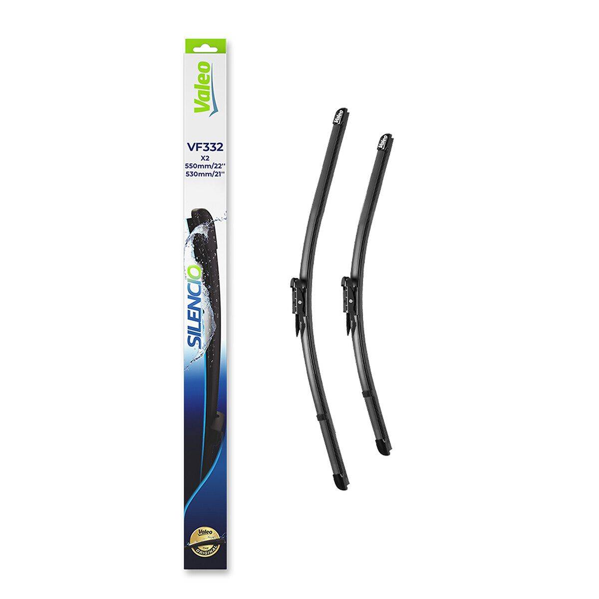 Zwei schwarze Scheibenwischerblätter neben einer Produktverpackung mit der Beschriftung 'Valeo Silencio VF352, 550mm/22