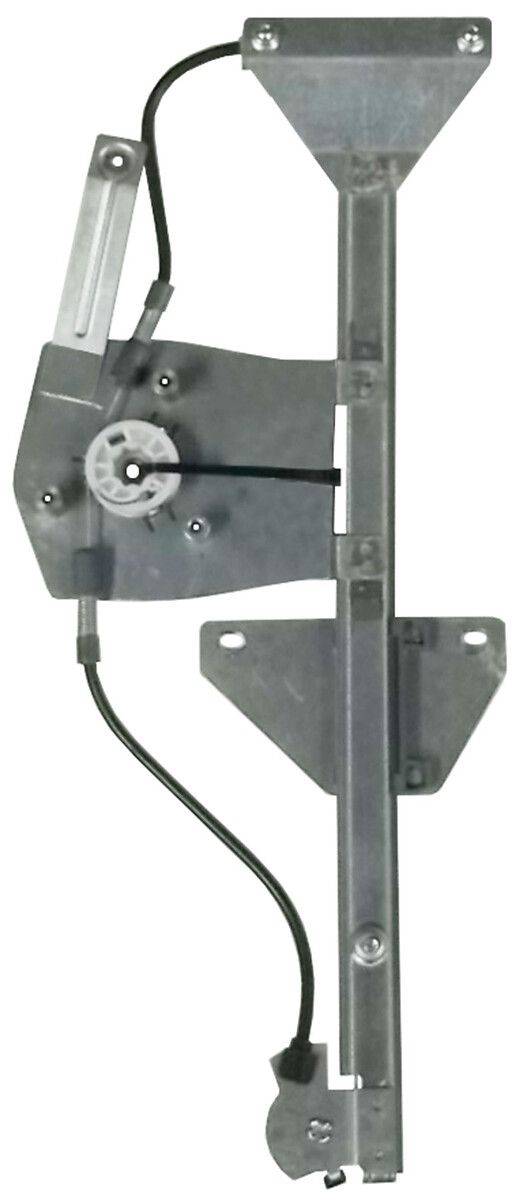 Eine mechanische Komponente mit einer Metallhalterung, einem kreisförmigen Zahnrad und einem schwarzen Kabel. Wahrscheinlich Teil eines Fensterhebermechanismus.