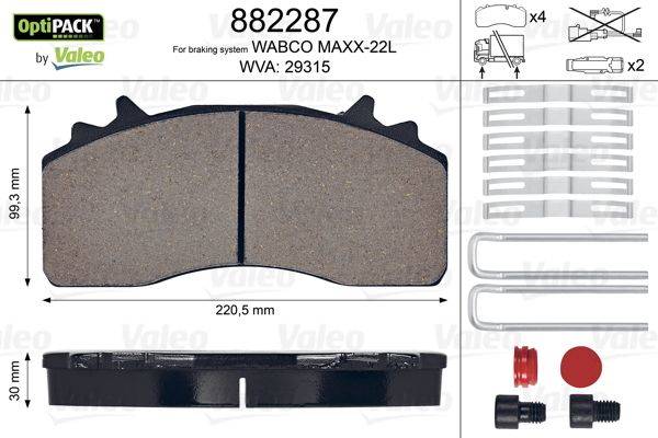 Bremsbelagabmessungen: 220,5 mm, Teilenummer 882287, für das WABCO MAXX-22L Bremssystem. Enthält Bremsbelag, Federn und Befestigungsmaterial.