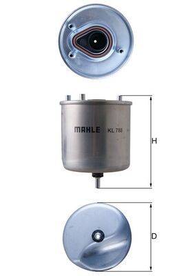 Ein zylindrischer Metallbrennstofffilter mit der Beschriftung "MAHLE KL 788"", der Abmessungen und eine Draufsicht mit Anschlussdetails zeigt.
