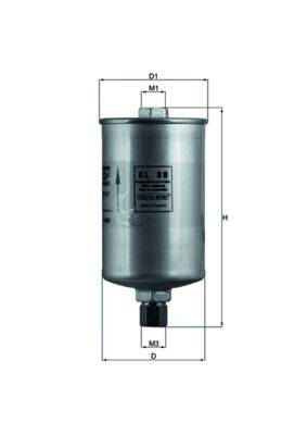 Ein metallischer zylindrischer Filter mit beschrifteten Abmessungen für Höhe und Breite. Er verfügt über Gewindeverbinder an Ober- und Unterseite, die in einer technischen Zeichnung dargestellt sind.