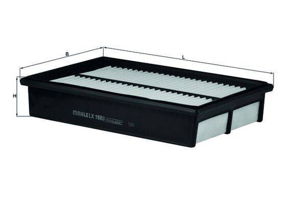 Ein schwarzer rechteckiger Kraftstoffluftfilter mit gefalteter weißer Innenausstattung wird gezeigt, beschriftet mit ‚MAHLE LX 1688.
