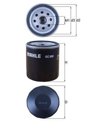 Bild eines Mahle OC 968 Ölfilters mit Ansichten von oben, der Seite und von unten. Abmessungen M1, d3, d2 und H gekennzeichnet.