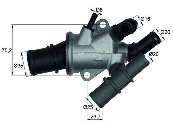 Das Bild zeigt eine mechanische Komponente mit einem zylindrischen Körper und mehreren Ein- und Ausgängen, die mit den Abmessungen Ø8, Ø16, Ø25 beschriftet sind.