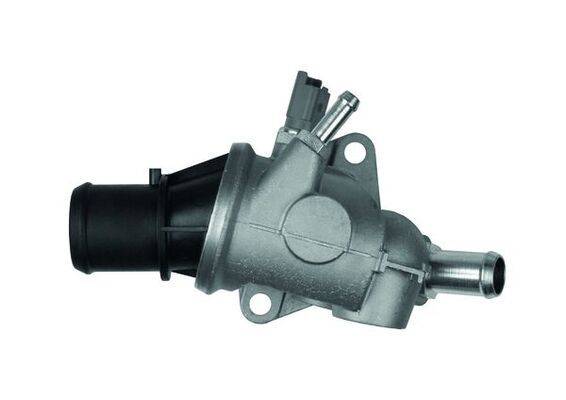 Ein Metallteil für Automobile mit einer zylindrischen Basis und mehreren Anschlussöffnungen, möglicherweise ein Thermostat oder Ventil, das in Fahrzeugmotoren verwendet wird.