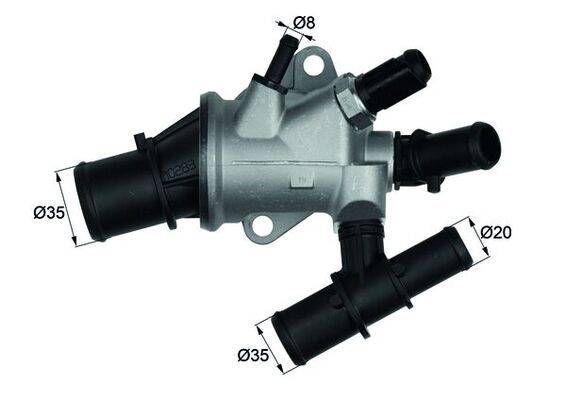 Kunststoff-Thermostatgehäuse mit mehreren Schlauchanschlüssen, gekennzeichnet mit den Abmessungen Ø8 und Ø35, verwendet in automotive Kühlsystemen.