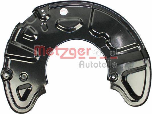 Bremsscheiben-Abdeckung mit dem Logo von 'Metzger Autoteile', ausgestattet mit verstärkter Metallstruktur, entwickelt zum Schutz von Bremskomponenten.