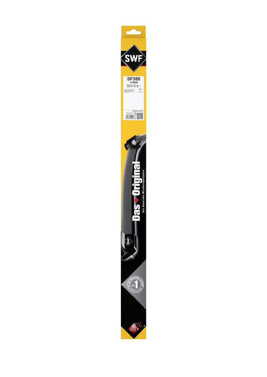 Das Original' Scheibenwischerblatt-Verpackung, schwarz-gelbes Design, mit Produktmodell 'SF388', Barcode und Textdetails.