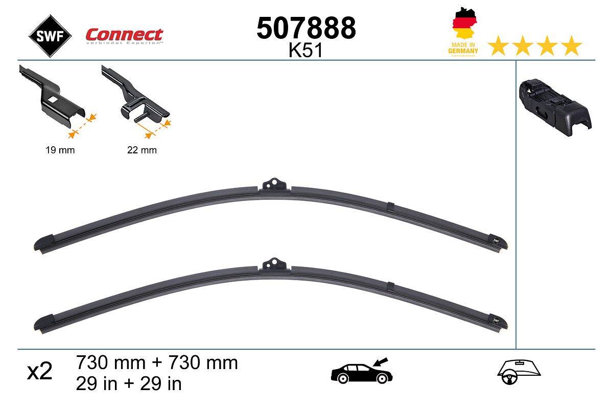 Schwarze Scheibenwischerblätter mit der Bezeichnung '507888 K51', Größen 600 mm + 730 mm, hergestellt in Deutschland. Icons zeigen Kompatibilität mit Fahrzeugen.