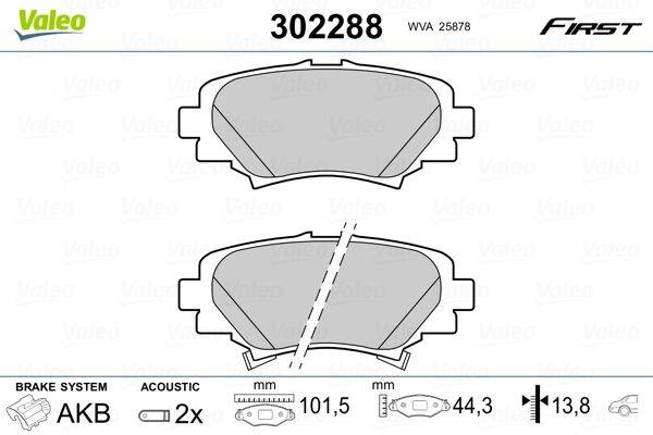 Bremsbelagdiagramm mit Abmessungen: Breite 101,8 mm und Dicke 44,3 mm. Ansichten von oben und unten gezeigt. Beschriftung '302288 WVA 25878'.
