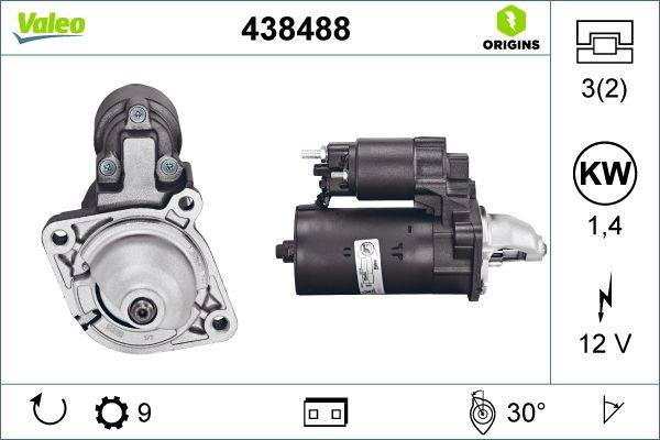 Ein Anlasser für ein Kraftfahrzeug mit der Teilenummer '438488', aus zwei Perspektiven dargestellt, mit Symbolen zur Kompatibilität: 9 Zähne, 12 Volt und 30-Grad-Passung.