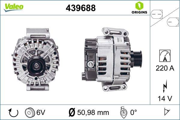 Generator mit der Modellnummer 439688, mit Vorder- und Seitenansicht. Spezifikationen: 6V, 50,98 mm Durchmesser, 0-Grad-Ausrichtung.