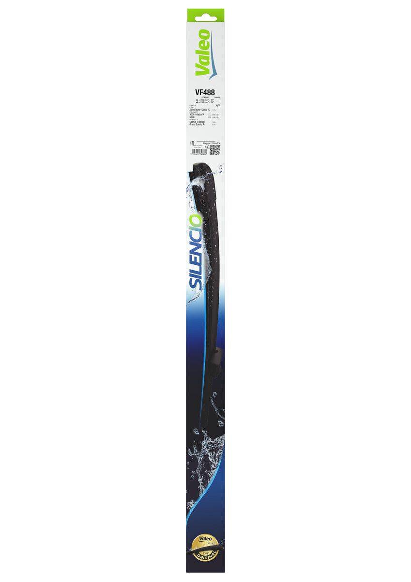 Valeo Silencio VF488 Scheibenwischerblatt-Verpackung, die ein schwarzes Scheibenwischerblatt vor einem blau-weißen Hintergrund mit Wasserspritzerdesign zeigt.