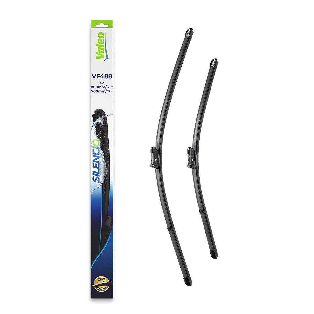 Ein Paar Valeo-Scheibenwischer, Modell VF48B, jeweils 28 Zoll lang, dargestellt neben der Produktverpackung.