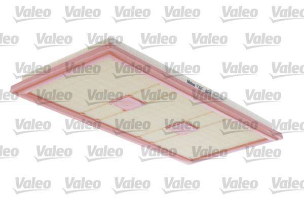 Ein rechteckiger Luftfilter mit einem rosa Rand und einem beigen Filterbereich, gekennzeichnet mit 'Valeo'.