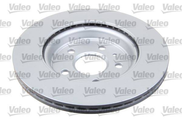 Ein Bremsscheibe der Marke Valeo mit neuwertigem Aussehen und sauberer metallischer Oberfläche. Das Valeo-Logo ist im Hintergrund mehrfach abgebildet.
