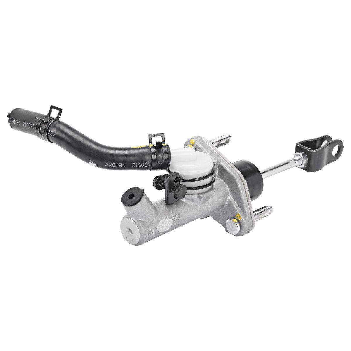 Hydraulische Kupplungshauptbremszylinder-Baugruppe mit angeschlossenem Fluidschlauch, entwickelt für Fahrzeug-Kupplungssysteme, mit Metall- und Gummikomponenten.