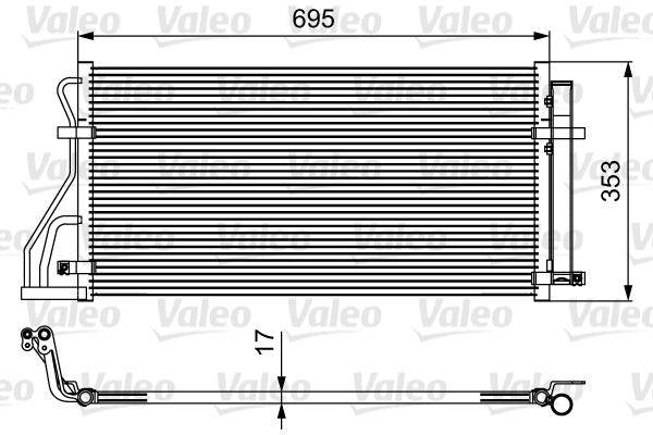 Abmessungen des Fahrzeugkühlers der Marke 'Valeo': Breite 695 mm, Höhe 17 mm. Der Kühler verfügt über parallele horizontale Linien und Anschlüsse an den Seiten.