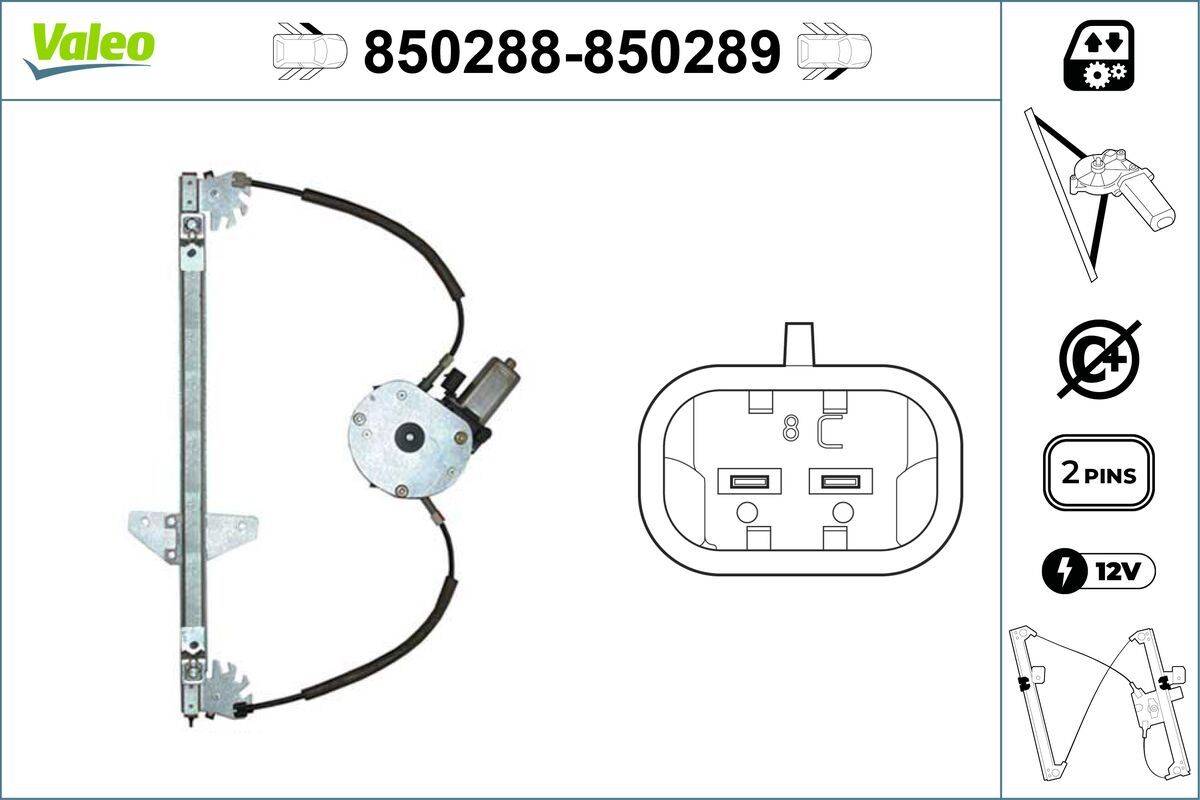 Diagramm eines Fensterheber-Mechanismus mit Motor, mit Anschlussdetails und Teilenummern '850288-850289' oben.