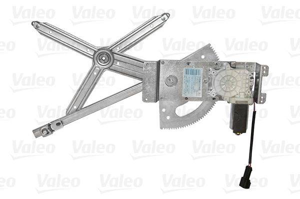 Ein Fensterheber-Mechanismus für ein Auto mit silbernem Metallrahmen und Motor, auf einem weißen Hintergrund mit leicht sichtbarer 'Valeo'-Markierung.