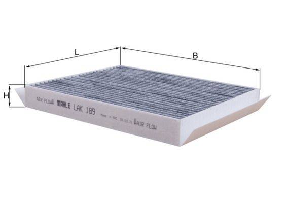 Rechteckiger Luftfilter mit markierter Luftströmungsrichtung, gekennzeichnet mit 'MAHLE LAK 189.' Enthält Abmessungen, die mit 'L' und 'B' beschriftet sind.