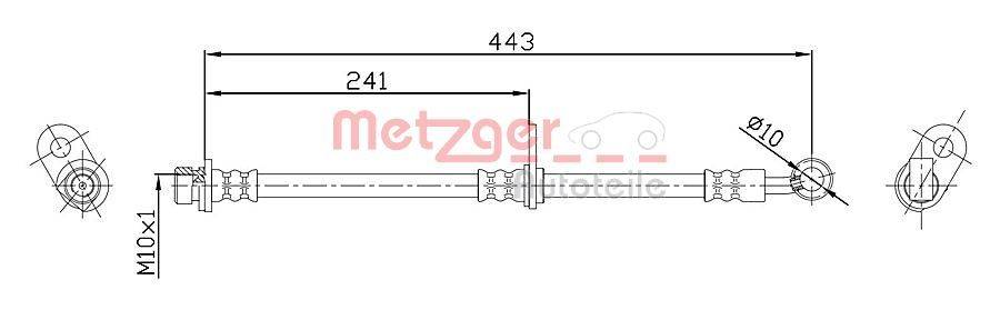Diagramm eines Fahrzeugteils mit Maßangaben. Gesamtlänge beträgt '443' mit einem markierten Abschnitt von '241'. Das Teil ist wahrscheinlich ein Schlauch oder eine Röhre mit Anschlüssen.