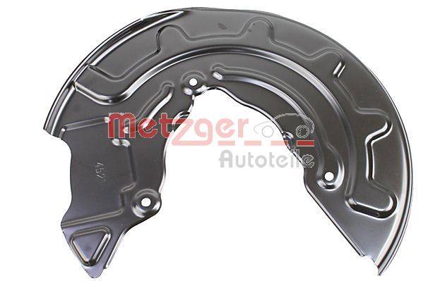 Ein gekrümmter, metallischer Automotive-Bremsschild mit dem Logo 'Metzger Autoteile', das in roter Schrift über dem oberen Abschnitt abgebildet ist.
