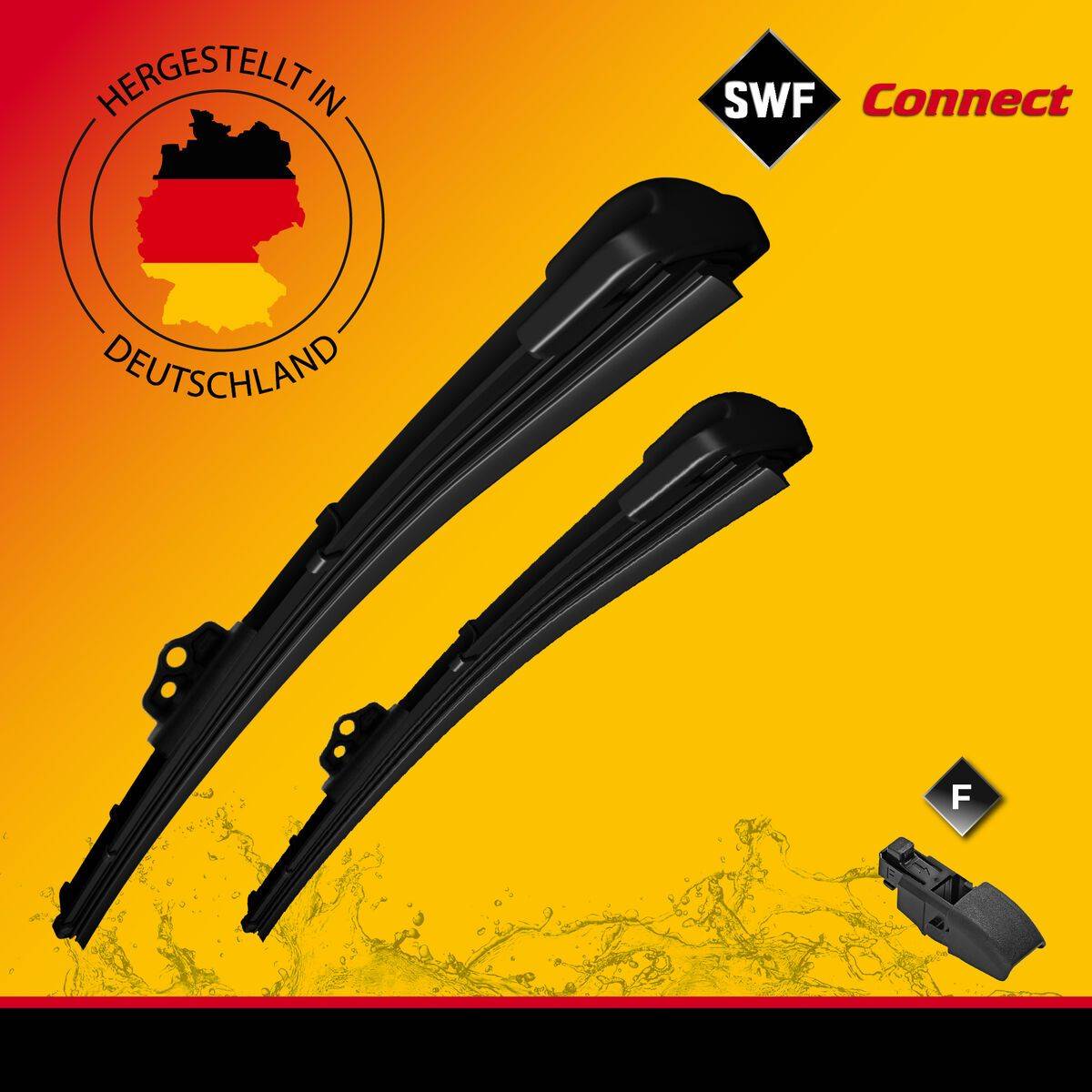 Scheibenwischerblätter auf orangefarbenem Hintergrund mit einer Karte von Deutschland. Text lautet 