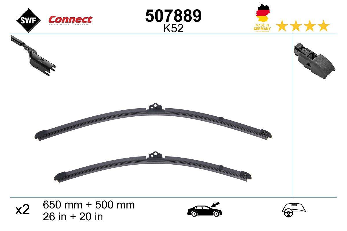 Zwei Scheibenwischerblätter mit der Bezeichnung '507889 K52'. Abmessungen '500 mm + 500 mm' und ein kleines Auto-Symbol sind unterhalb der Wischerblätter abgebildet.