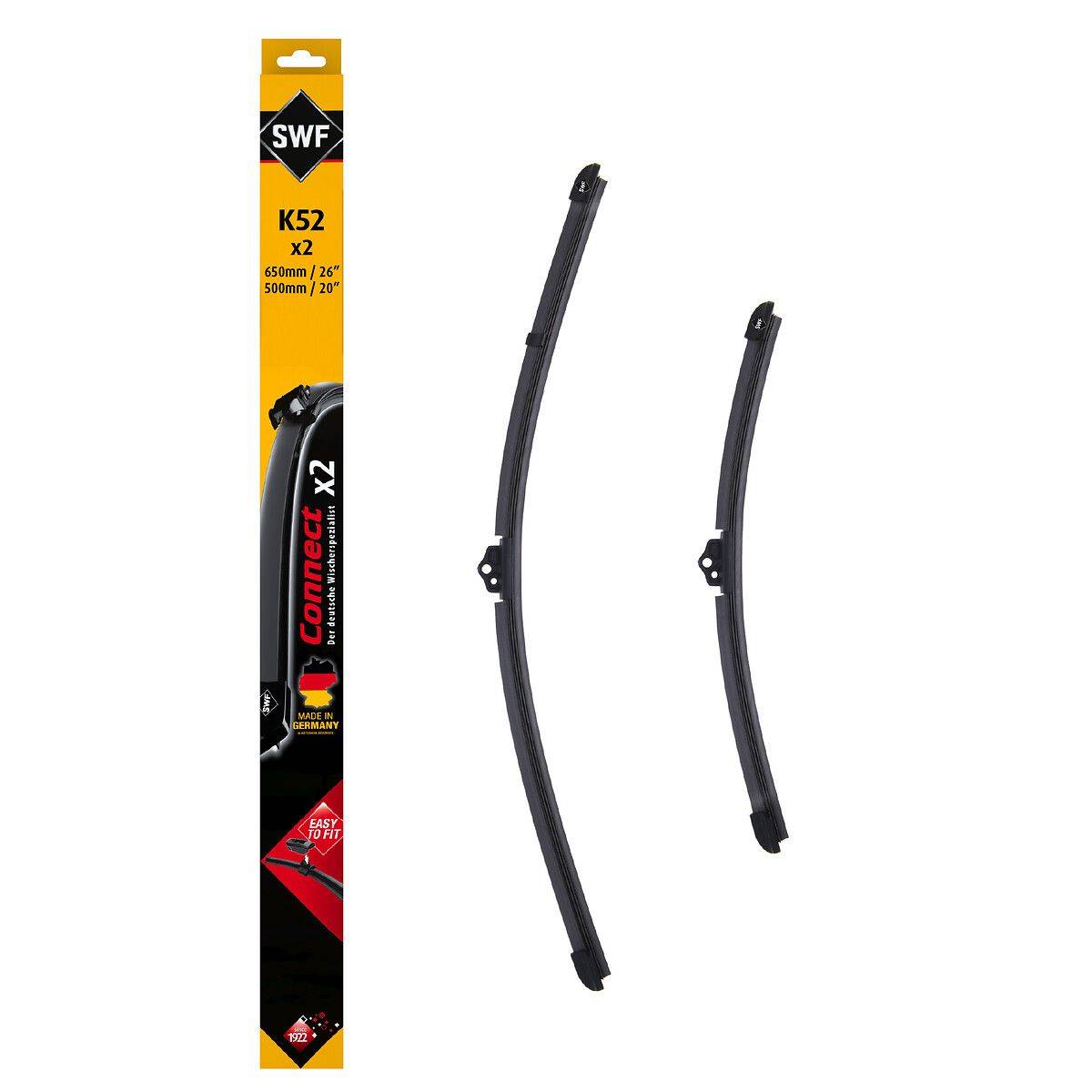 SWF K52 Wischerblätter-Verpackung mit zwei gebogenen schwarzen Wischerblättern neben der Box mit Produktmarkierung und Größenangaben (650mm/500mm).
