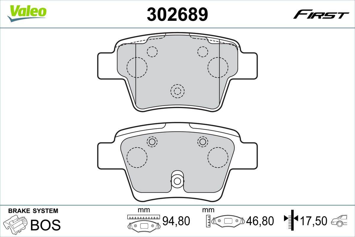 Technische Zeichnung eines Bremsbelags mit Abmessungen und Teilenummer '302689' am oberen Rand, zeigt Front- und Seitenansicht mit Maßangaben in Millimetern.