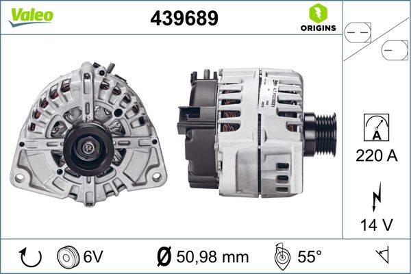 Lichtmaschine mit Produktnummer 439689, Vorder- und Seitenansicht. Spezifikationen umfassen 6V, 50,98 mm Durchmesser, 55-Grad-Winkel.