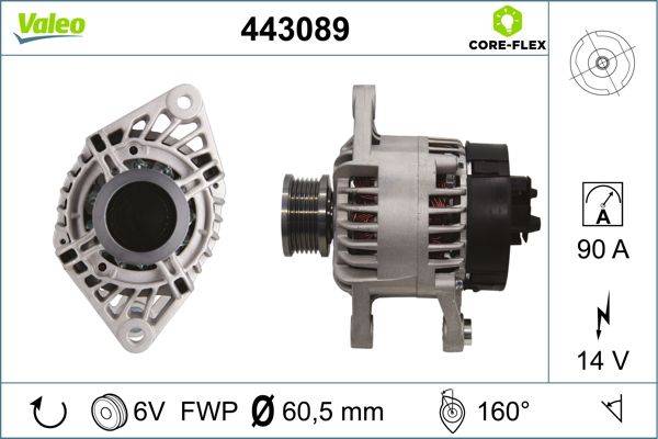 443089 CORE-FLEX' Lichtmaschinenabbildung: Vorder- und Seitenansicht. Spezifikationen umfassen 6V, FWP, Durchmesser 60,5 mm und 160 Grad.