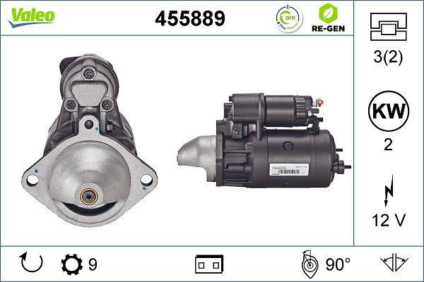 Automotive-Anlasser mit Produktnummer 455889. Merkmale umfassen umweltfreundliche Etiketten wie RE-GEN und Care.