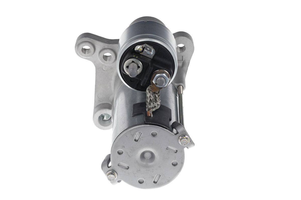Ein Motorstarter-Solenoide mit Befestigungsbügeln, der elektrische Anschlüsse und Gehäusekomponenten zeigt, von der Anschlussseite aus betrachtet.