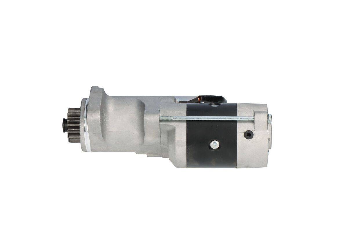 Ein Metallzahnradmechanismus für Industriemaschinen, in einer Seitenansicht mit zylindrischen Komponenten und gerillten Zahnrädern auf der linken Seite.