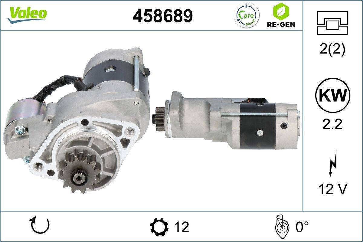 Ein Anlasser für Autozündung mit Anlasserschalter. Modellnummer 458689. Markenzeichen beinhalten Care The Planet und RE-GEN Logos.