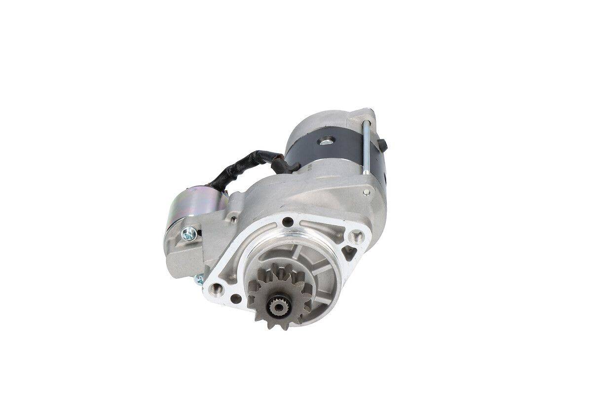 Ein industrieller Anlassmotor mit Getriebeeinheit und elektrischen Anschlüssen, verwendet zum Anlassen von Motoren in Maschinen oder Fahrzeugen.