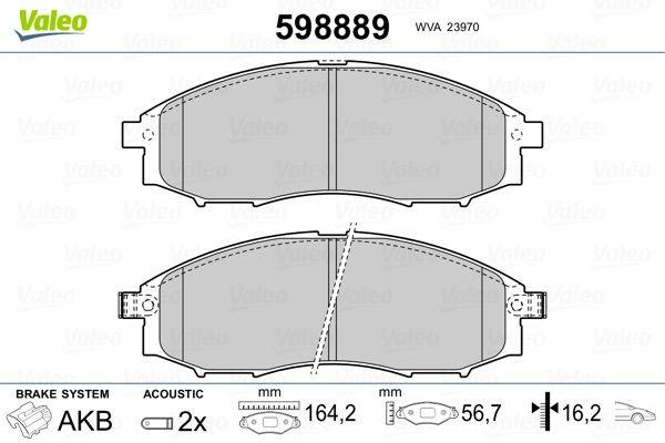 Bremsbelagdiagramm mit Modellnummer '598889'. Zeigt Vorder- und Seitenansicht. Abmessungen: 164,2 mm Länge, 56,7 mm Höhe.