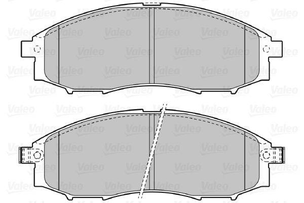 Darstellung von zwei grauen Bremsbelägen mit einem Logo-Muster von 'Valeo', von der Seite betrachtet, mit Hervorhebung von Design- und Formdetails.