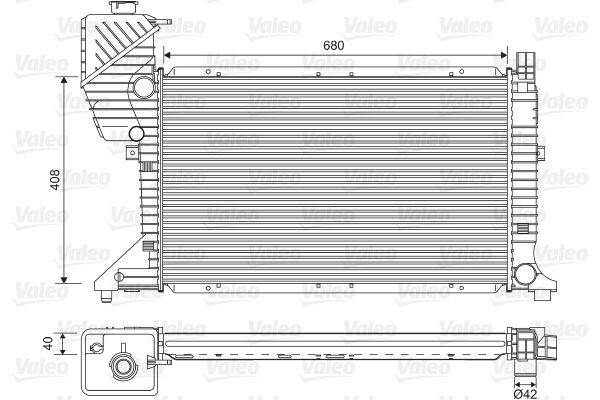 Technische Zeichnung eines Autokühlers mit Abmessungen. Die Abbildung zeigt Seiten- und Frontansichten mit beschrifteten Bauteilen und einer Breite von 680 mm.