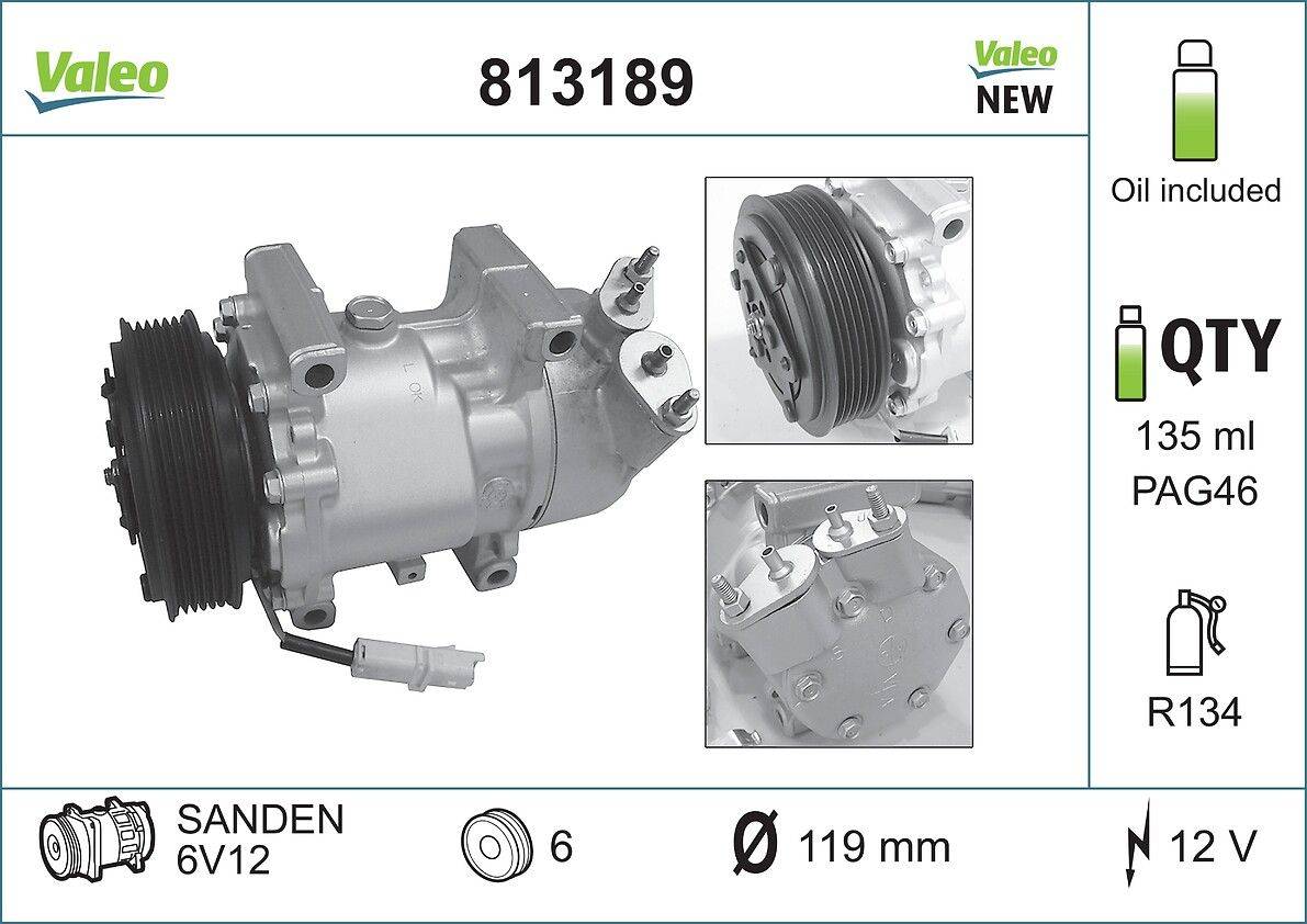 Abbildung eines Automobilkompressors Modell 813189 von Valeo. Hauptkomponente mit detaillierten Nahaufnahmen. Schlüsselmerkmale: 6 Rillen, 119 mm Durchmesser.