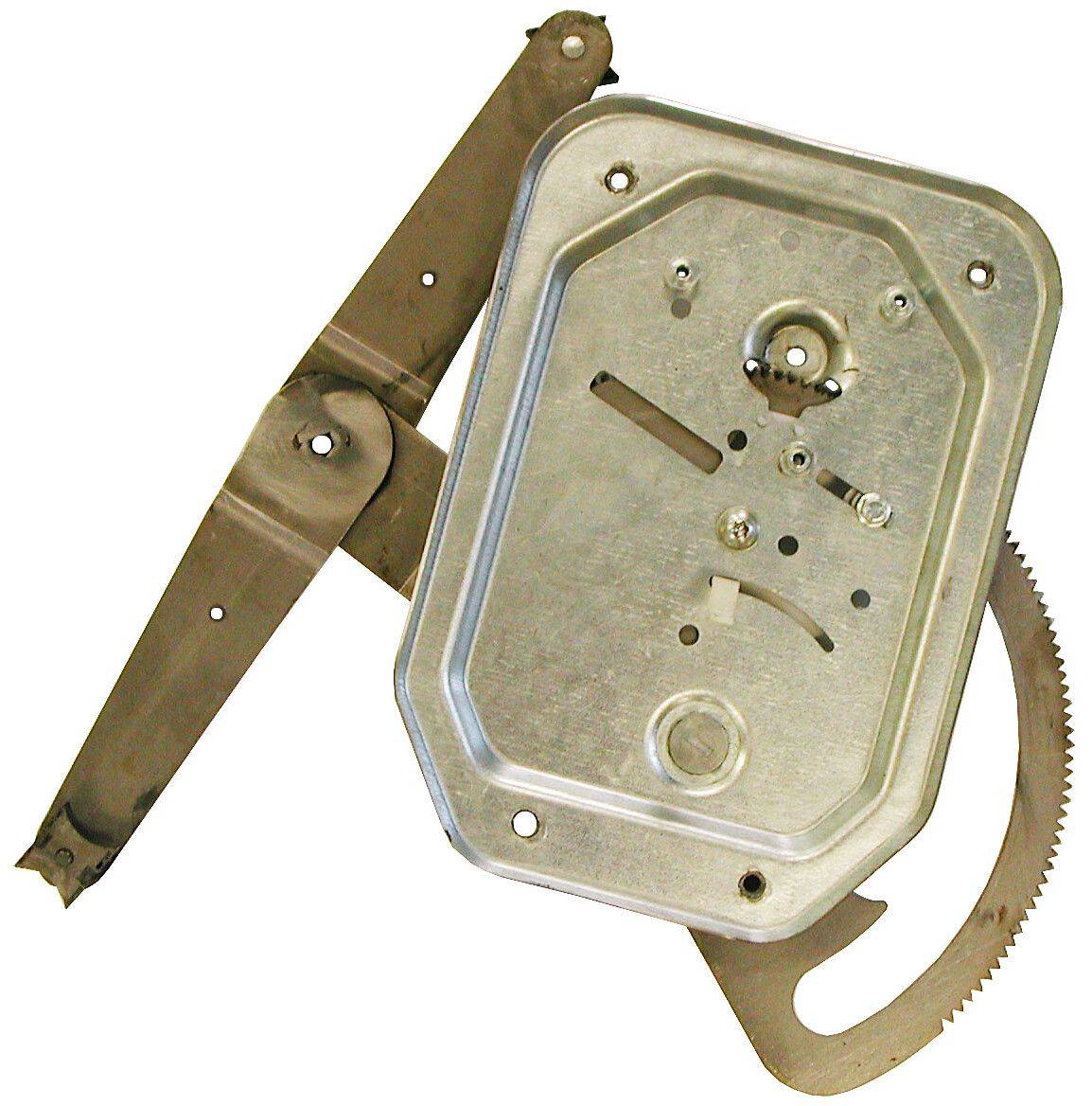 Metallischer Fensterheber-Mechanismus mit Zahnrädern und Befestigungshalterung zur Steuerung der Fahrzeugfensterbewebung.