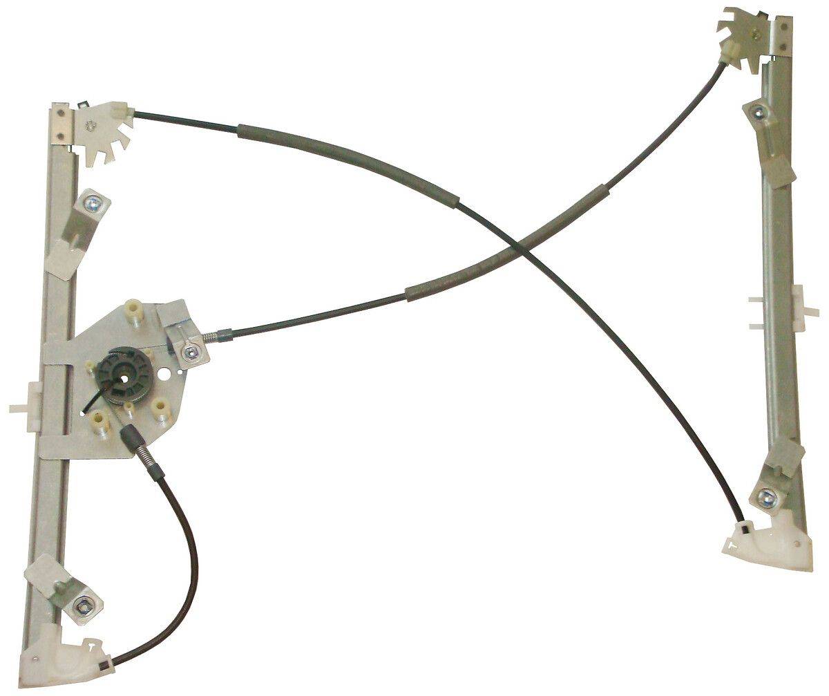 Ein Fensterhebermechanismus eines Fahrzeugs, der Kabel, Rollen und Metallkomponenten zeigt, die so angeordnet sind, dass sie die Fensterbewegung ermöglichen.