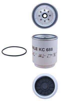 Ein Kraftstofffilter mit der Bezeichnung 'MAHLE KC 688', an dem ein O-Ring und ein Deckel separat dargestellt werden.