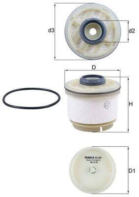 Kraftstofffilter mit Ring und Abmessungen: Durchmesser D, Höhe H, Draufsichten d2, d3. Inklusive Teilenummer Handhabung.