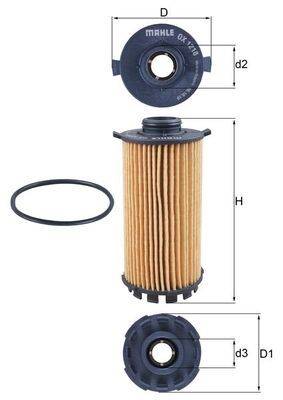 Ölfilter für Kraftfahrzeuge mit O-Ring und Deckel. Abmessungen gekennzeichnet: Durchmesser (d1, d2), Höhe (H).